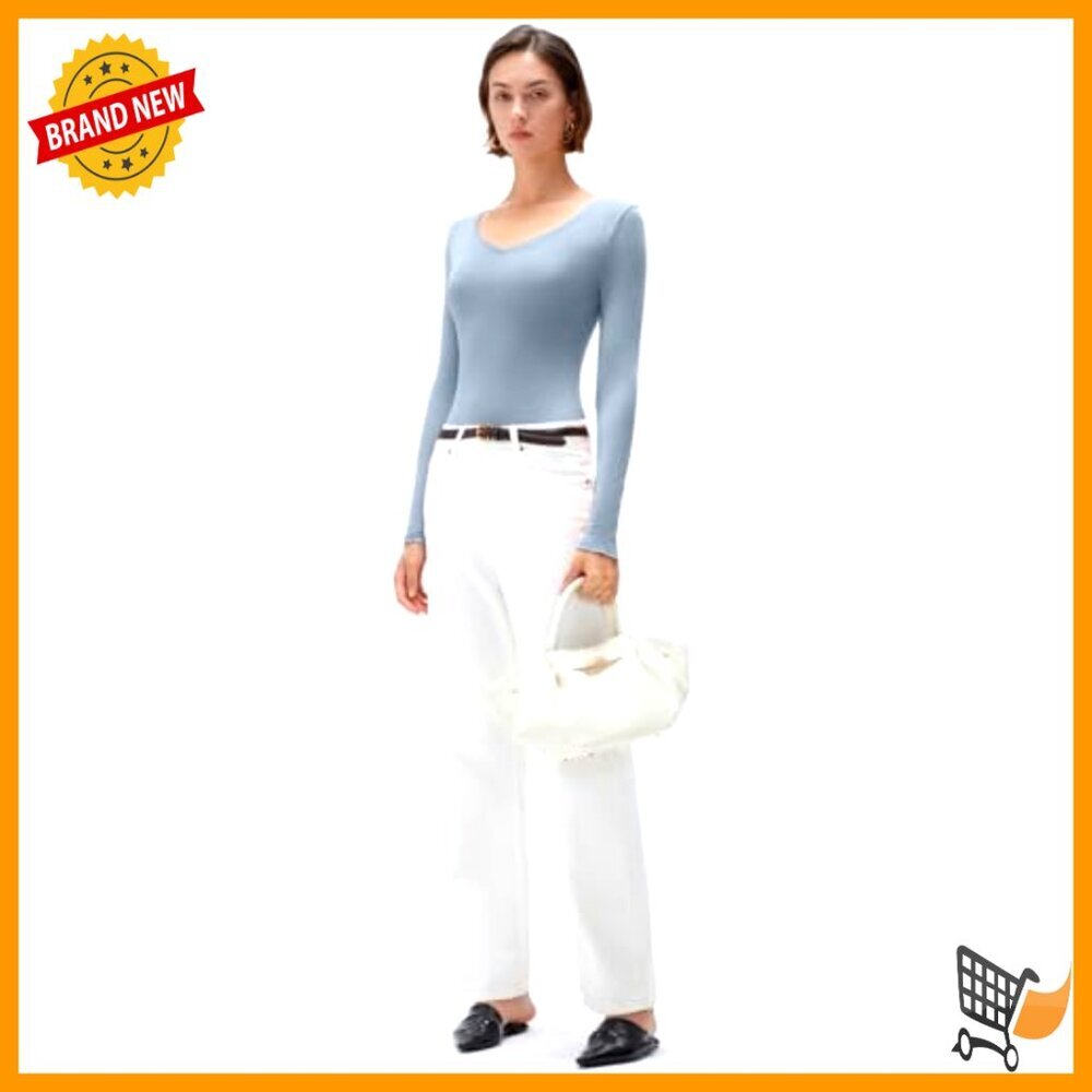 V Neck Fitted Long Sleeve Shirt Soft Knit Tops Y2K Chic Minimal Basic - Picture 4 of 7